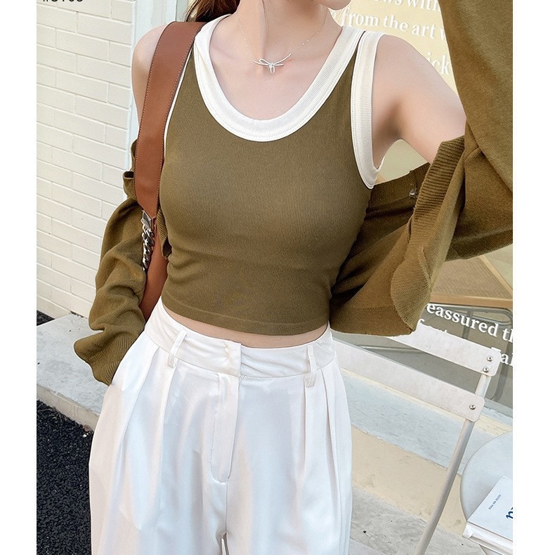 2023 nuevo estilo coreano contraste de color integrado belleza espalda Mujer retro picante chica fija Copa desgaste exterior chaleco a juego con almohadilla en el pecho