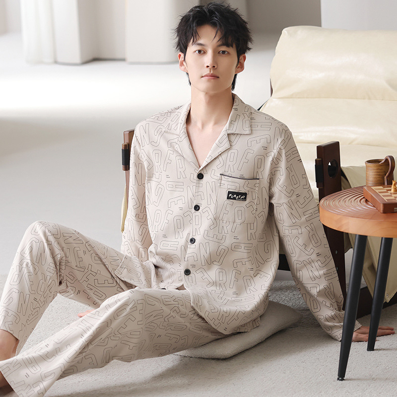 Pijama primavera y otoño cardigán de hombre 2025 nuevo algodón de manga larga se puede usar fuera de la versión suelta del conjunto de ropa para el hogar