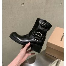 牛皮葡萄妈同款真皮复古金属扣粗跟西部短靴女朋克骑士靴子机车靴