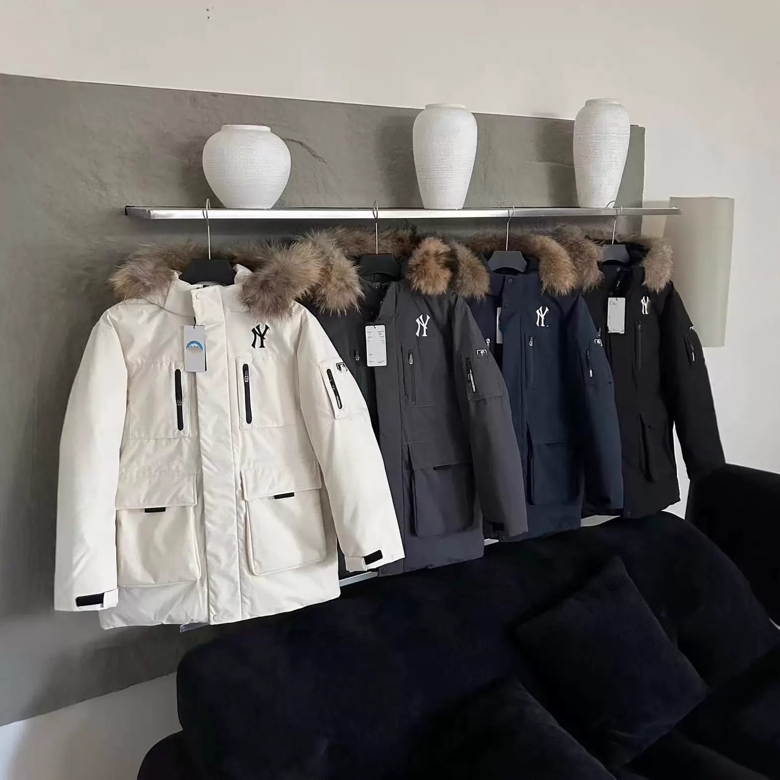 莆田MLB洋基队二代大毛领张凌赫同款 NY派克中长款羽绒服情侣工装