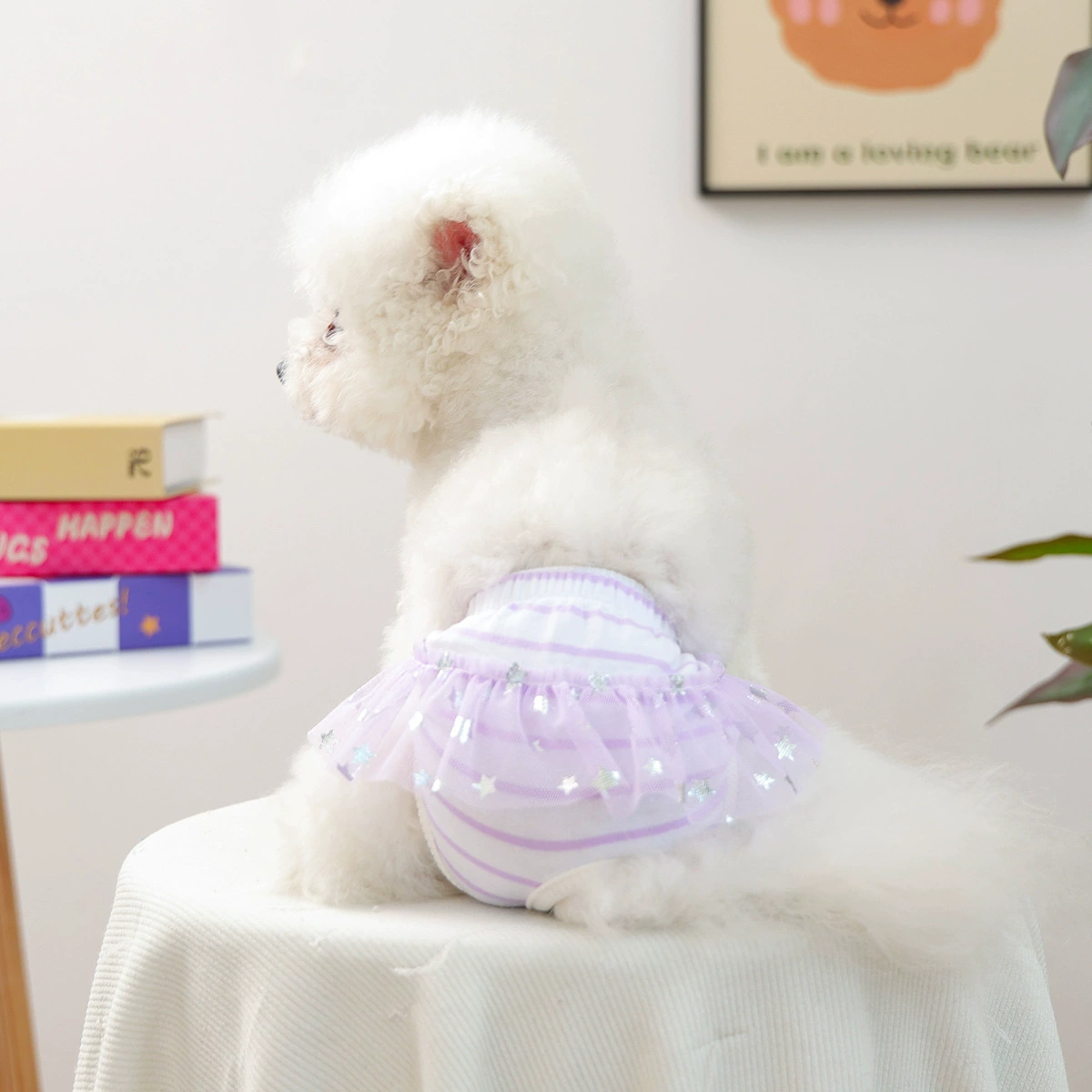 Одежда для домашних животных Happy Puppy, маленькая собака, уличная повседневная мода, дышащая мягкая ткань, фиолетовая звездная марля, физиологические штаны