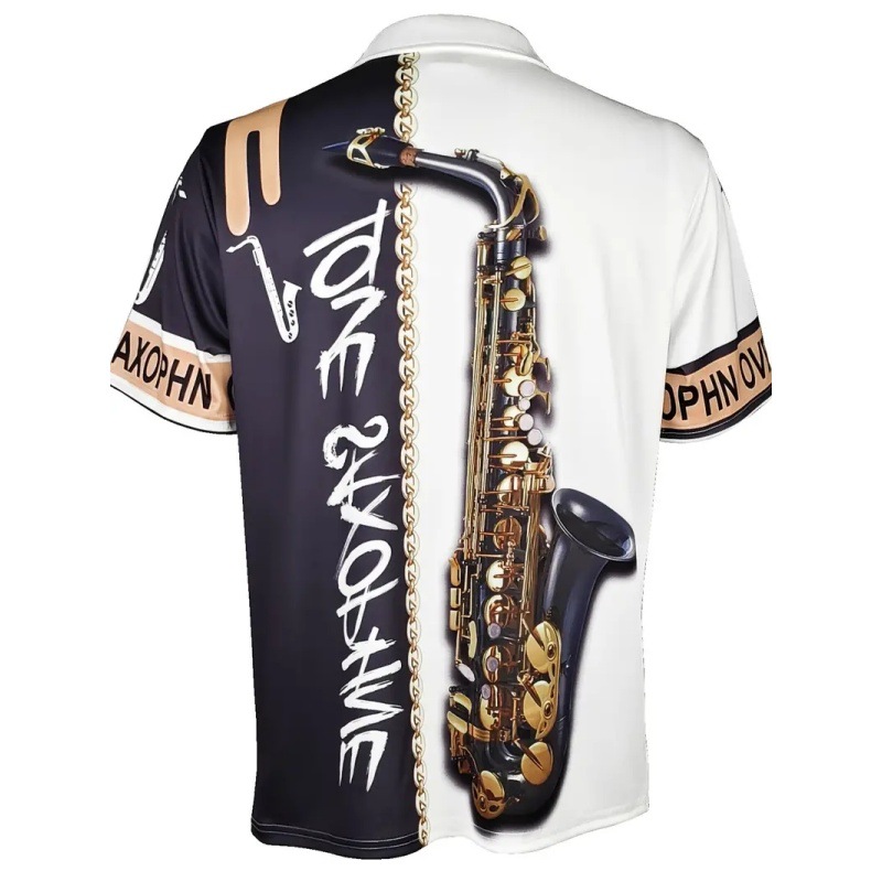2024 venta caliente arte saxofón 3D impresión digital hombre verano suelto transpirable manga corta cremallera camisa POLO