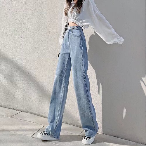 Retro Blue Straight Jeans Women's Summer Thin Section 2022 New Loose High Waisted Wide Leg Draped Floor-Mopping Pants