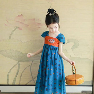 Children's Cheongsam Girls Summer Dress 2025 New Chinese Style New Chinese Han Dynasty Floral Blue Dress Top Trendy