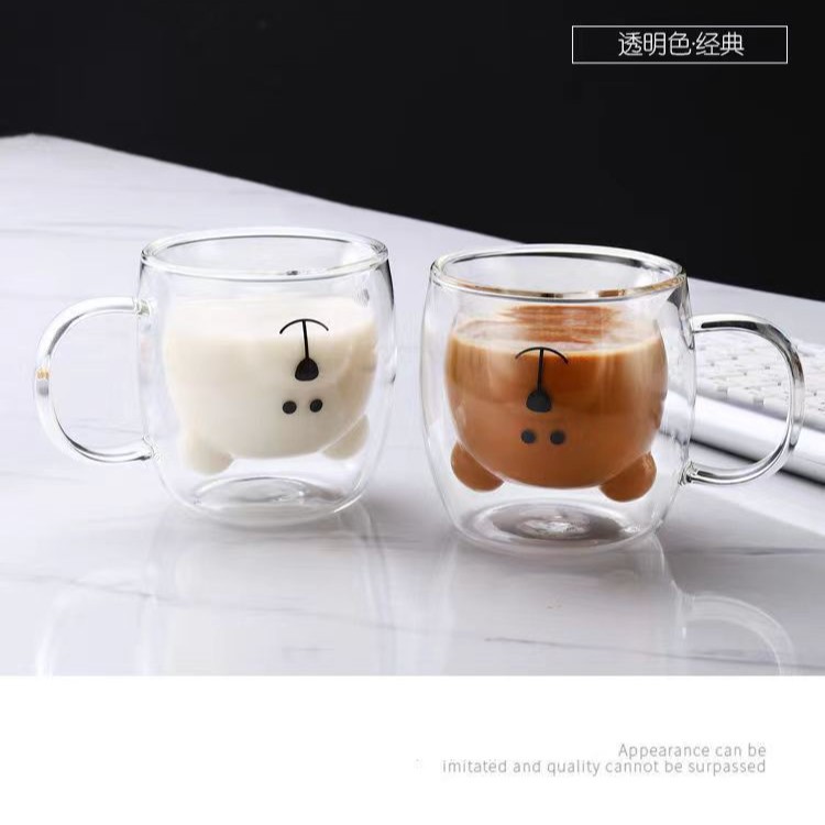Internet celebridad lindo ins doble capa de vidrio con mango oso taza de café del hogar taza de beber taza de jugo de leche