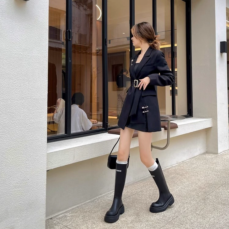 Парижская буква такая же ~ Толстые каблуки без колен сапоги женские осенние и зимние рыцари сапоги британский ветер эластичные сапоги Мартин