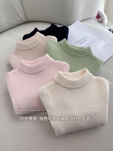 Girls' Sweater, Stylish Children's Solid-Color Round-Neck Knitted Base Layer Top, Winter New Arrival Innerwear Top for Little Girls
