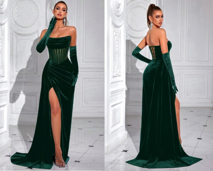 Nuevo vestido de terciopelo coreano transfronterizo sexy de hueso de pez, vestido de fiesta de pecho, vestido largo de alta gama al por mayor