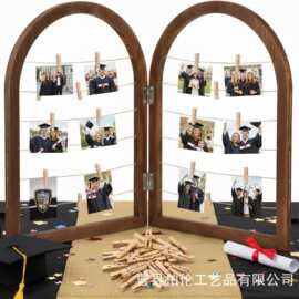 复古胡桃色拱门照片收纳架 居家氛围感装饰摆件双面展示桌面收纳