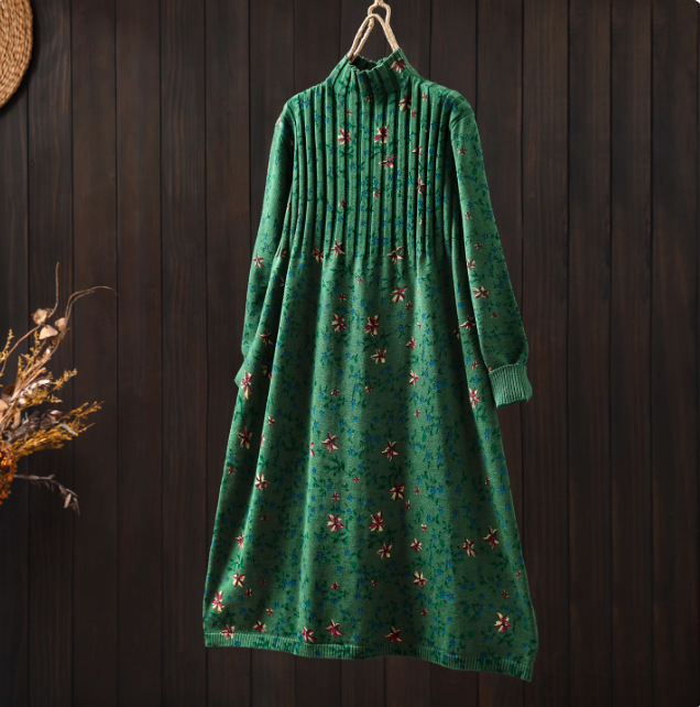 Dress 2025 New Style This Year's Popular Hot Style Autumn and Winter Half Turtleneck Floral Beautiful Knitted Literary Long Skirt