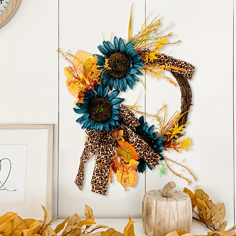 Blauer Sonnenblumenkranz für den Innenhof, Leopardenband, abgestorbener Zweig, Türdekoration, Blumen- und Weinkreis, Wandbehang, Erntezeitkranz_voghion.com
