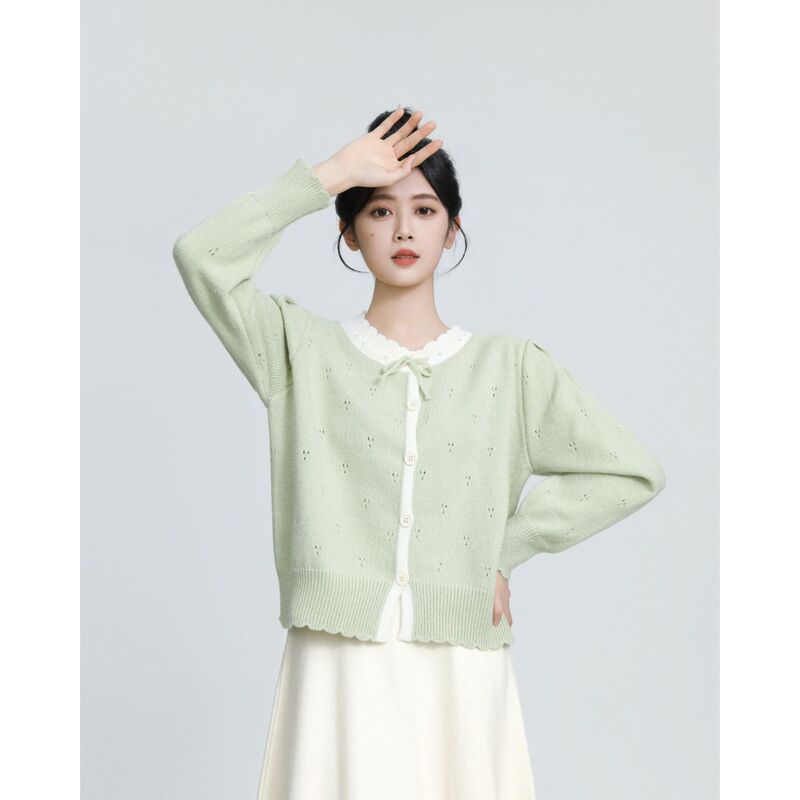 Gentle Style Lace-Up Sweater for Women Early Spring New Style Small Hollow Knitted Cardigan Jacket Women's Top Gentle Style Lace-Up Sweater for Women Early Spring New Style Small Hollow Knitted Cardigan Jacket Women's Top