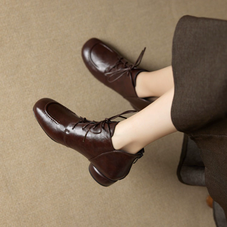 Женские туфли ручной работы из натуральной кожи, винтажный стиль, круглый носок, мягкая воловья кожа, на шнуровке, с вышивкой, осень-зима 2025, прямые поставки с фабрики