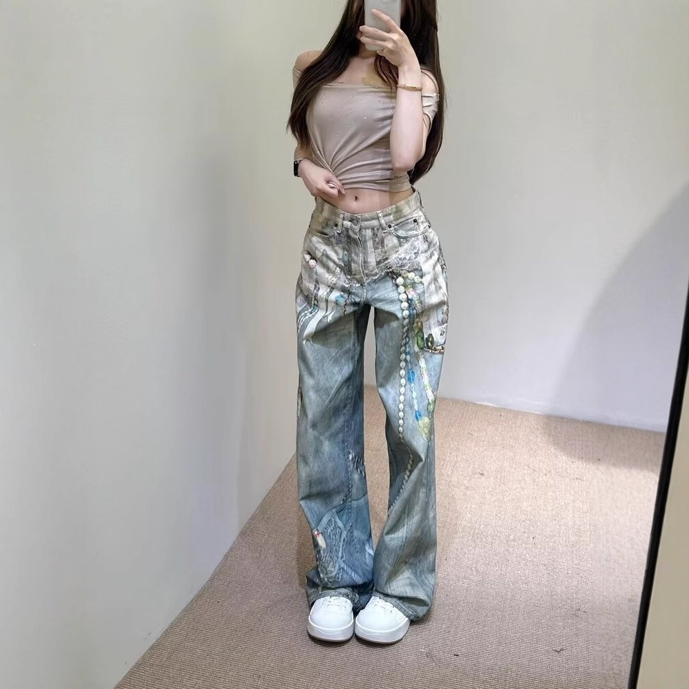 High Version~ A New 3D Printing Three-dimensional Lace Pearl Heavy Industry Printing Scimitar Straight Jeans Trousers_ecoleips.com