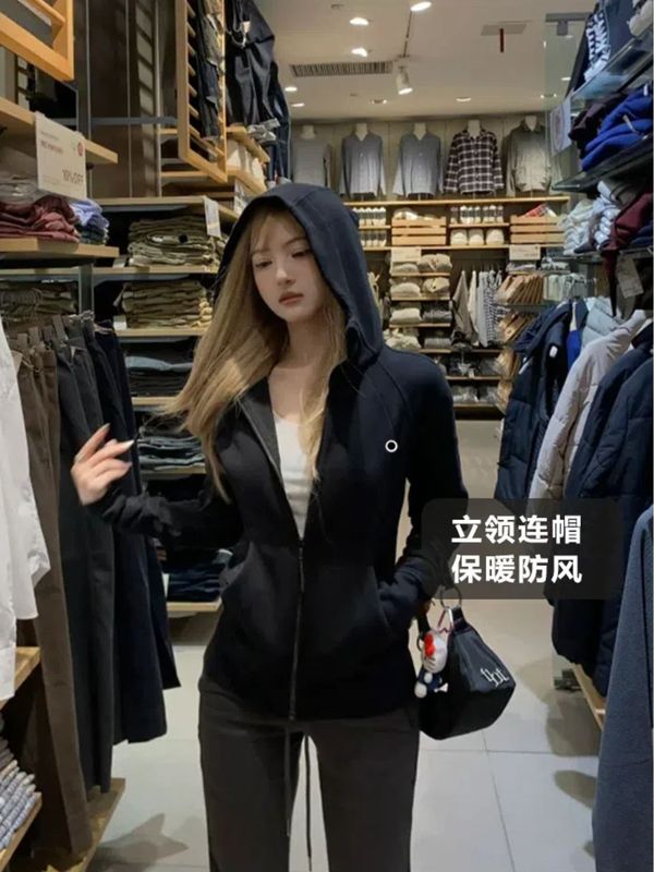 黑色修身外套女春秋季穿搭正肩卫衣紧身收腰连帽上衣短款韩系|undefined