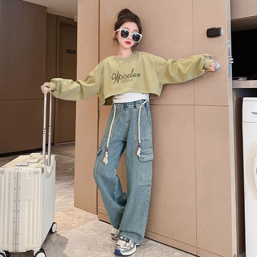 2024 Autumn Girls' 3-Piece Set: New Korean-Style Trendy Vest, Sweatshirt, & Overalls Denim Pants—Internet-Famous Outfit