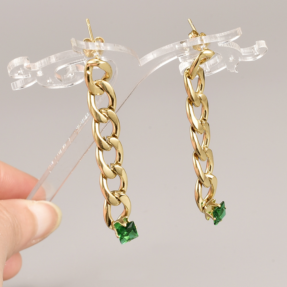 New Tassel Three-color Rhinestone Ear Studs Titanium Steel Gold-plated Earrings display picture 2