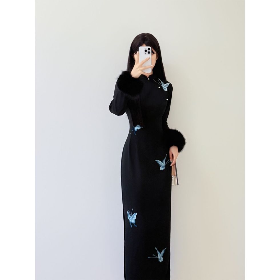 【Moss Butterfly 4.0 Plus Velvet】2025 Chinese Style Qipao Autumn/Winter Elegant National Style Long Sleeve Butterfly Black Dress