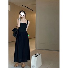 韩版chic方领黑色背心连衣裙女装春季2024新款法式收腰拼接长裙子
