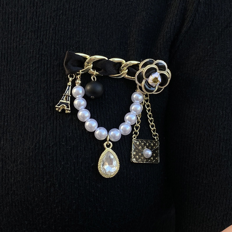 Vintage Metallbrosche Mit Kamelie Und Perlenkette Für Damen_voghion.com