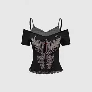 Cross-Border Ins Trendy European and American Cross-Border Summer New Fashion Gothic Pattern Women's Short-Sleeved T-Shirt Set Y2K