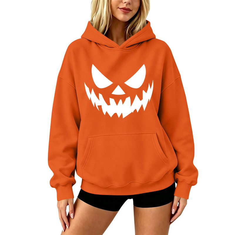 2026 Amazon New Drop-Shoulder Sleeve Halloween Pumpkin Print Casual Hoodie for Men and Women