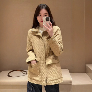 Bbr British Style Women's Diamond Check Casual Waist Hooded Warm Cotton Jacket Mid-Length Nylon Cotton Jacket