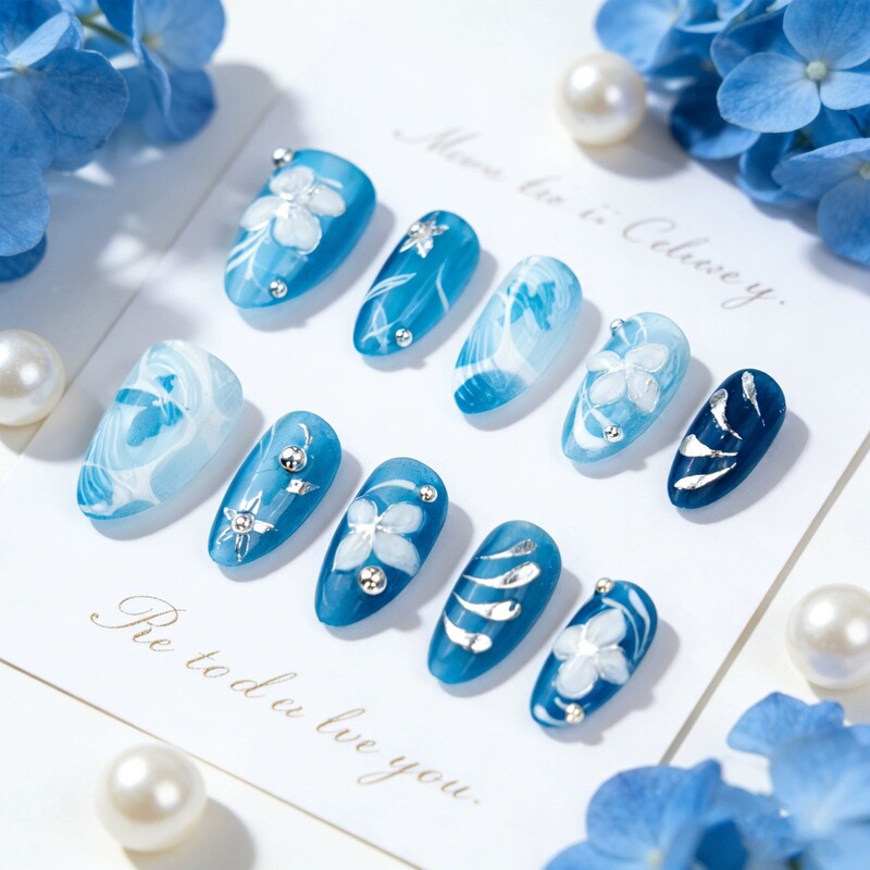 Cross-border foreign trade nail art with hazy rendering of white butterflies and stars, girl's press-on nails, almond-shaped nail pieces Cross-border foreign trade nail art with hazy rendering of white butterflies and stars, girl's press-on nails, almond-shaped nail pieces