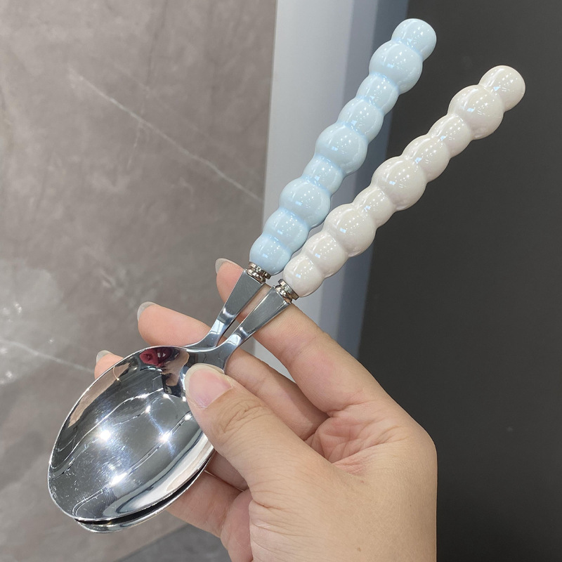 Ceramic Handle Stainless Steel Round Soup Spoon For Home Dining_voghion.com