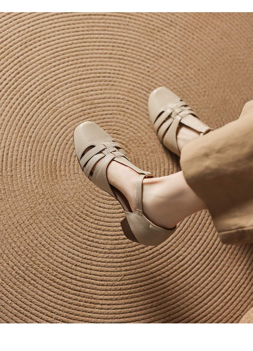 Sandal nữ da cừu dệt bao đầu mũi vuông gót dày 3.5cm quai ngang kiểu La Mã — màu trắng ngà chi tiết 10