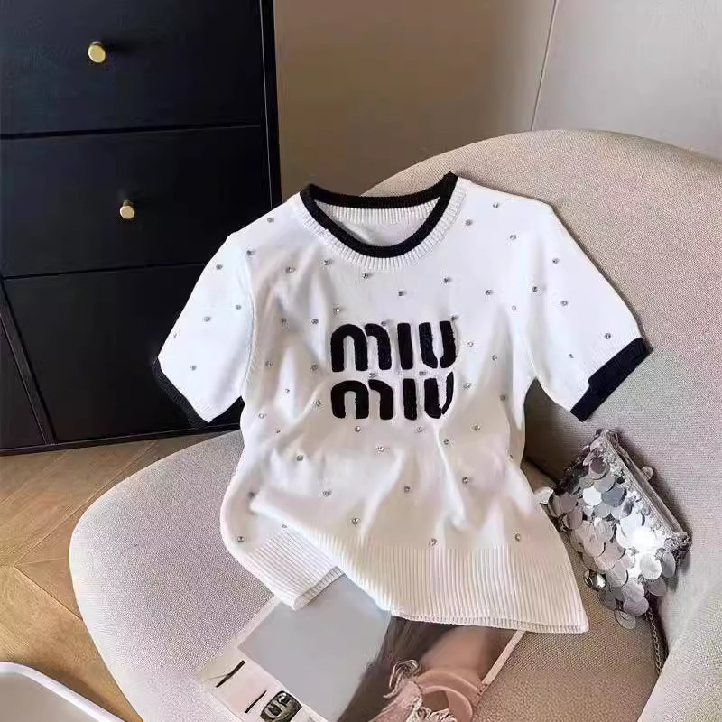 Summer New High-End Round Neck Sweater with Heavy Design and Diamond Pullover Short-Sleeved Knitted Top for Women