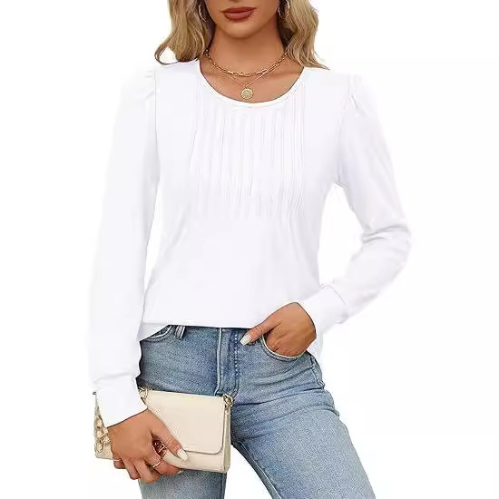 Women's Long-sleeved Shirt, Autumn Top, Casual Top, Pleated Curved Collar Tunic Top