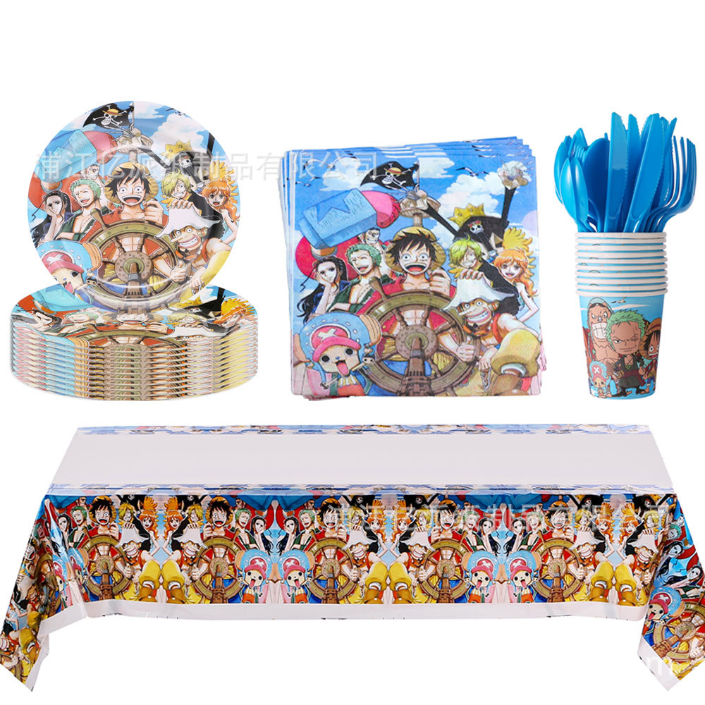 One Piece cubiertos de fiesta de cumpleaños bandeja de papel tazas toallas de papel globos pastel tapa cubiertos de fiesta de cumpleaños