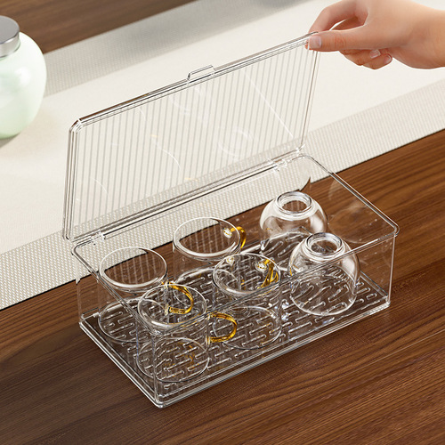 Covered Transparent Tea Set Storage Box with Drainage Office Desk Stackable Glass Cup Teapot Dustproof Storage Box