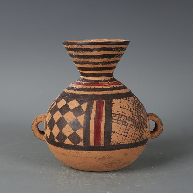 Majia Yao Double-Series Colored Pottery Pots, Folk Ornaments, Neolithic Culture Coarse Pottery, Imitation Unearthed Ceramic Collectibles