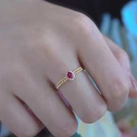 18k金钻石珠边围镶红宝石戒指精致百搭的彩宝戒指女厂家一件代发
