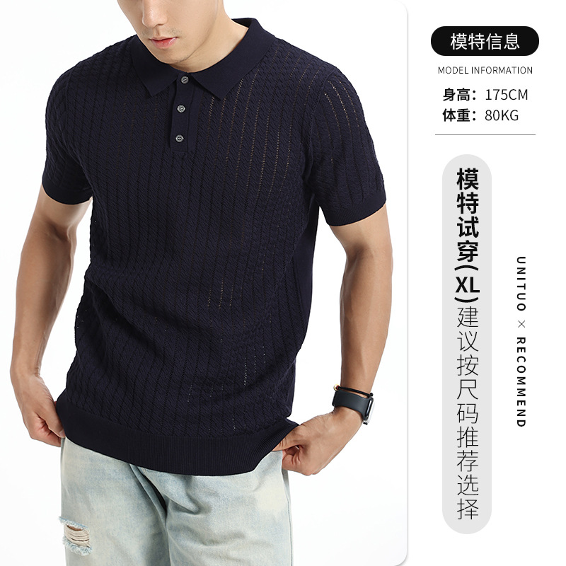 2026 nuevo polo de punto de verano hombre manga corta retro estriado collar transpirable de negocios chaqueta casual