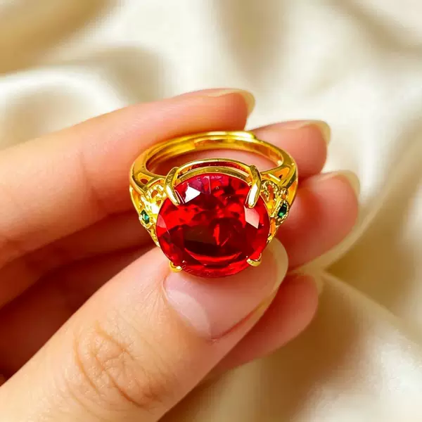 Korean-style gold-plated ring for women, adjustable open ring with garnet inlay, adjustable ruby ring wholesale