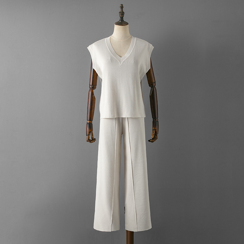 Suit Women V Neck Loose Sleeveless Knit Vest Top High Waist Loose Slimming Casual Slit Wide Leg Pants 8 Suit Women V Neck Loose Sleeveless Knit Vest Top High Waist Loose Slimming Casual Slit Wide Leg Pants