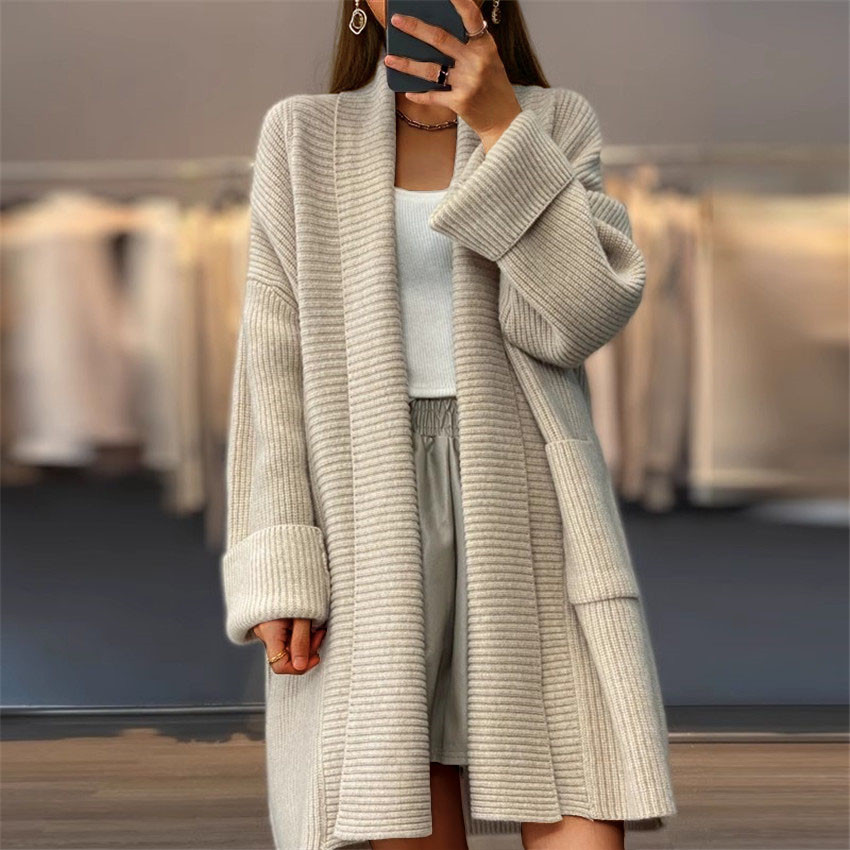 630g Weight Coat Outerwear Type Long Sleeve Sleeve Length Wholesale Women's Elegant Streetwear Solid Color Long Sleeve Pocket Sweaters & Cardigans