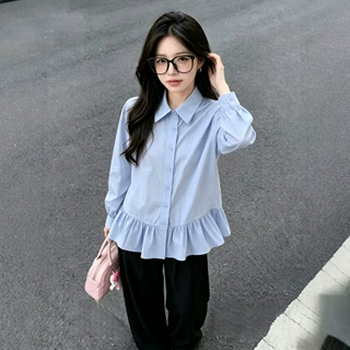 韩系通勤翻领裙摆衬衫女秋季气质衬衣设计感小众长袖蓝色翻领上衣