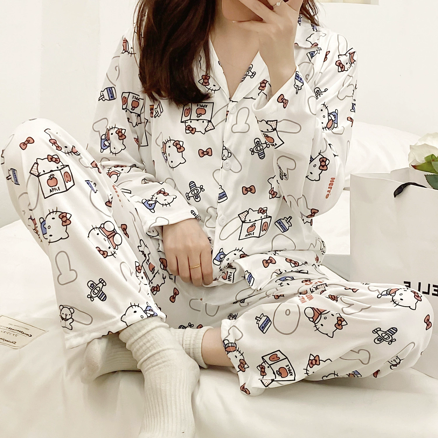 Long‑sleeve pajama cardigan, women’s cartoon print loungewear, relaxed fit, sizes M–XXL