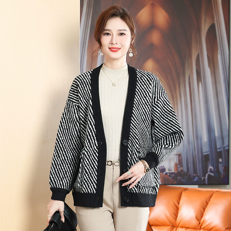Ленивый стиль, новый вязаный кардиган в западном стиле для мамы и осени, женский модный кардиган среднего возраста, женский свободный топ в полоску