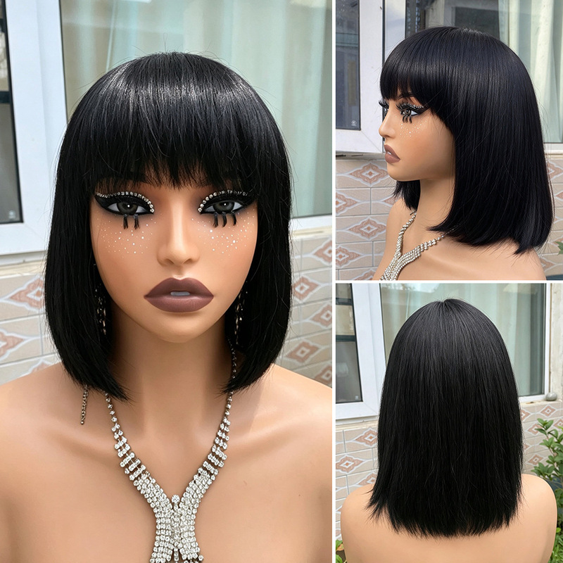 Cross-border foreign trade real human hair wig 8inch BOBO bob wig headpiece medium short straight hair with bangs Human Hair