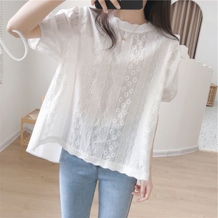 Puff Sleeve Lace Cotton Shirt Heavy Loose Summer Blouse Round Neck Embroidered Women's Japanese New Style Shirt
