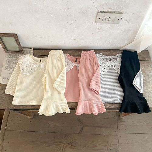 Ins Spring Girls' Baby Set Stylish Collar Long-Sleeve T-Shirt + Casual Bell Bottom Pants Outer Wear Baby Two-Piece Set