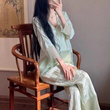 时尚春夏新中式改良国风冰丝家居服套装长袖渐变色拼接提花睡衣女