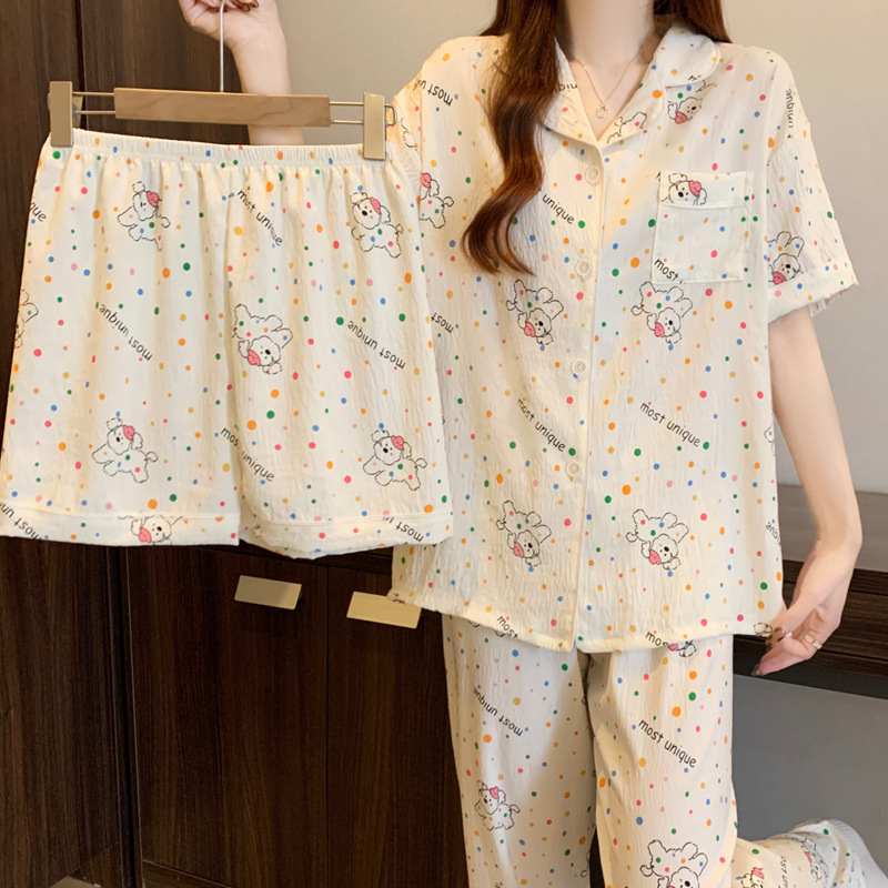Spring and summer new cloud cotton pajamas women's short sleeve three-piece set cute polka dot cartoon design sense home clothes wholesale