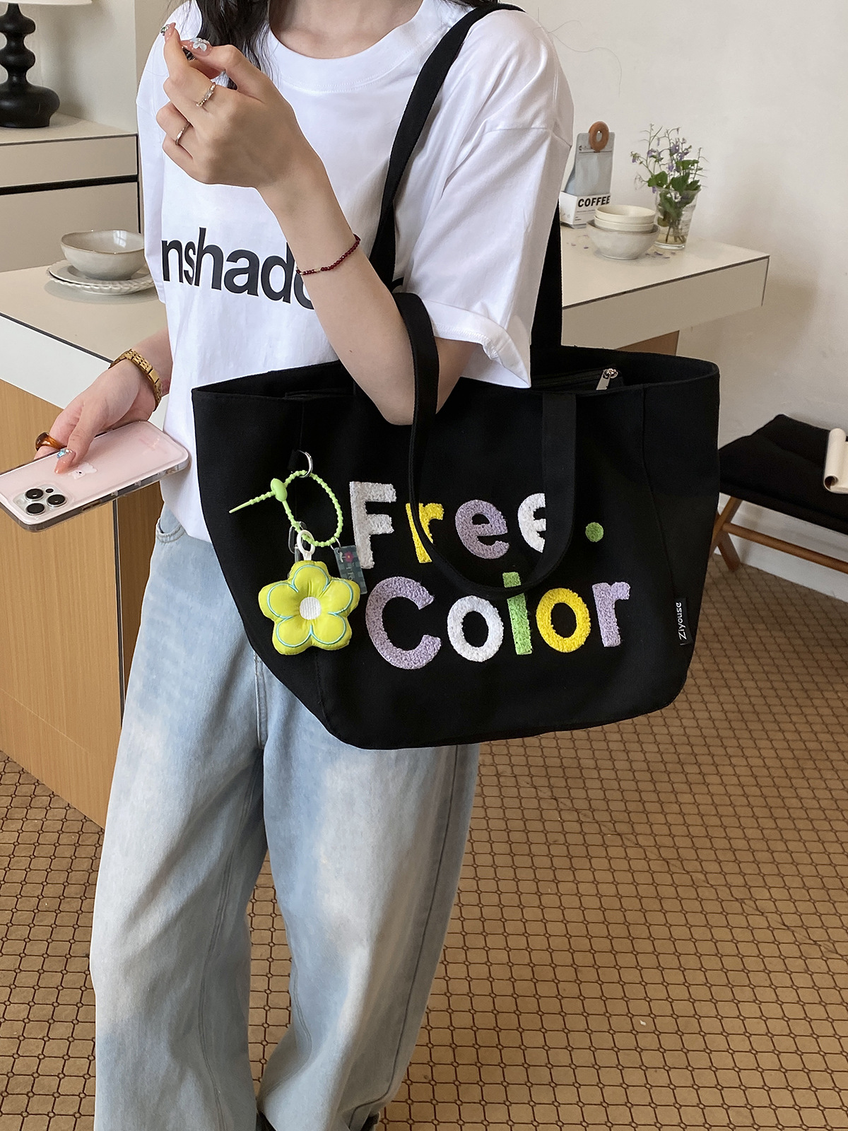 letras de color coreanas bordadas bolsas de lienzo de estilo estilo simple moda versátil bolsas de hombro para estudiantes