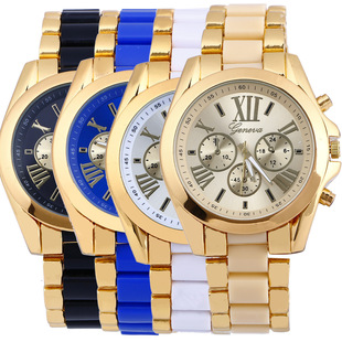 2021 Hot Style Card Glue Watch Three Eyes Geneeva Two-Color Geneva Roman Numerals Alloy Steel Band Watch Wholesale